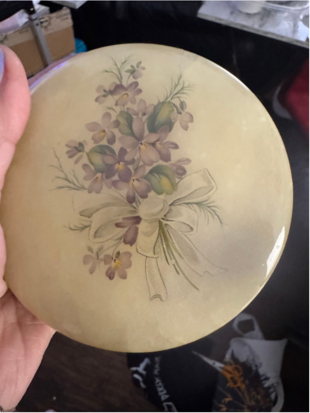 Vintage Italian Alabaster Marble Jewelry Trinket Box Floral Bouquet Round